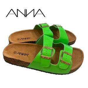 ANNA Glory Women's Double Buckle Strap Green Patent Leather Sandals NEW 6.5